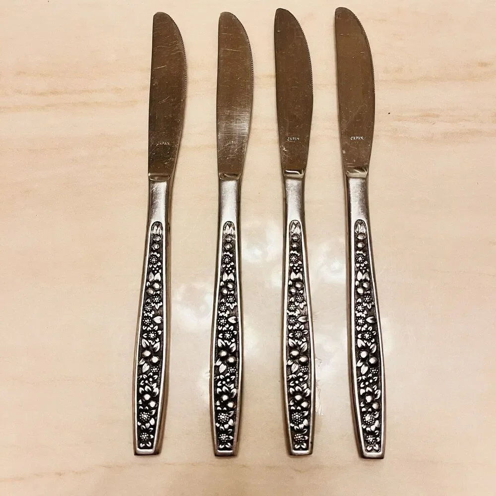 4pc Vintage Pageant Harvest Dinner Knife 8.5” Stainless JAPAN Fruit Black Accent
